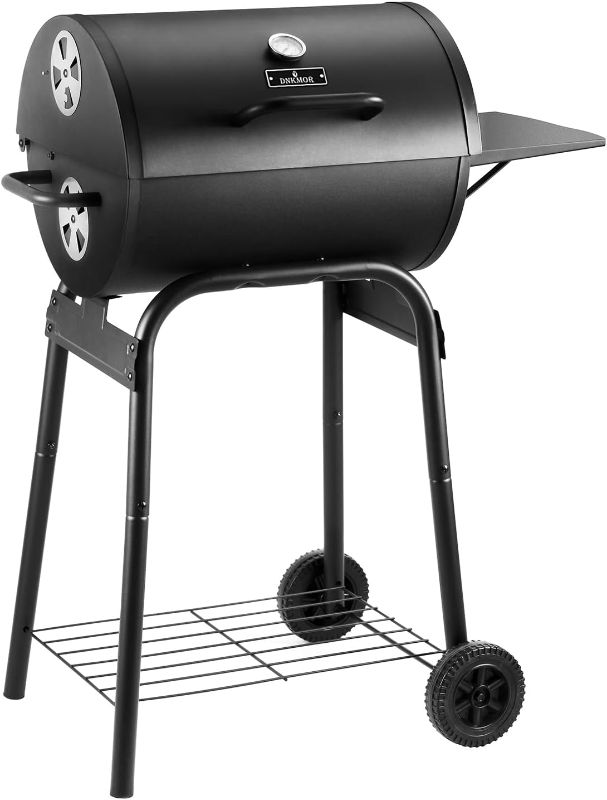 Photo 1 of Charcoal Grill Outdoor BBQ Grill, Barrel Charcoal Grills with Side Table, with Nearly 500 Sq.In. Cooking Grid Area, Outdoor Backyard Camping Picnics, Patio and Parties, Black
