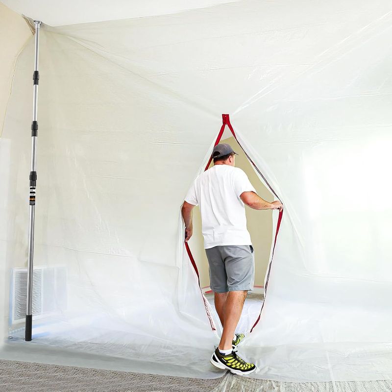 Photo 1 of 10FT Dust Barrier Poles 4 Pack Dust Barrier System with Carry Bag, 2 Heavy-Duty Zippers and 32.8x13.1 Ft Plastic Film for Interior Decoration, Remodeling and Isolation Work, White Transparent

