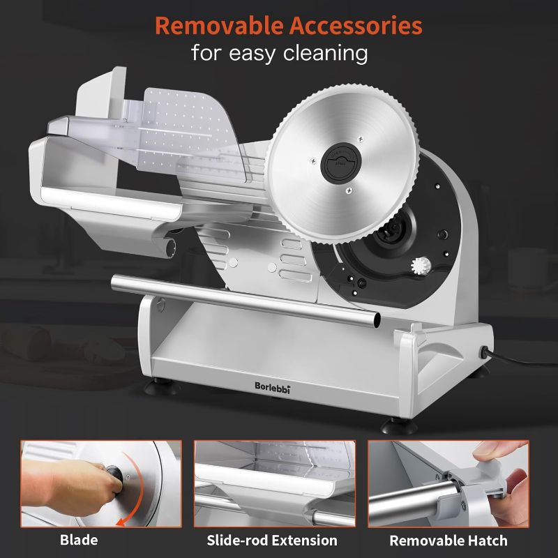 Photo 1 of Meat Slicer, 200W Meat Slicer Machine for Home, DC Motor Quiet Deli Slicer with 2 Removable 7.5'' Stainless Steel Blades, Adjustable Dial for 0-15mm, Electric Food Slicer for Meat, Cheese, Bread

