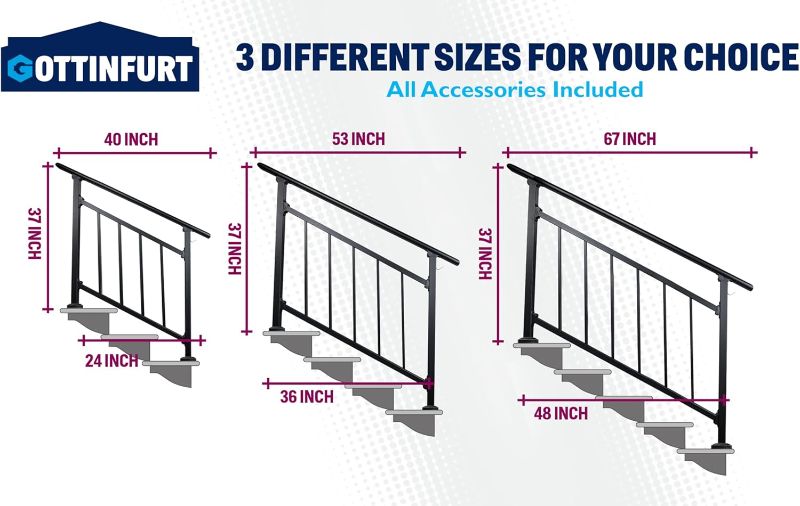 Photo 1 of Versatile 4-5 Step Stair Handrails for Outdoor Steps, Adjustable Stair Railings Transitional Exterior Handrails for Step with Hook and Installation Kit
