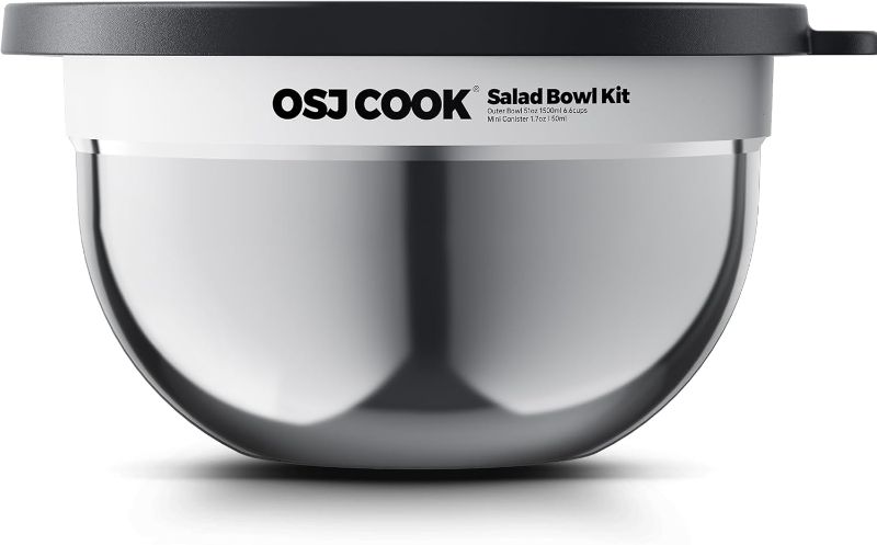 Photo 1 of 18/8 Stainless Steel Salad Bowl Kit - 74oz, Mixing Bowls with Lids Set, Teakwood - Comes with 1.7oz Condiment Container and Removable Tray for Organization - Leak-Proof, Dishwasher Safe (Mirror)
