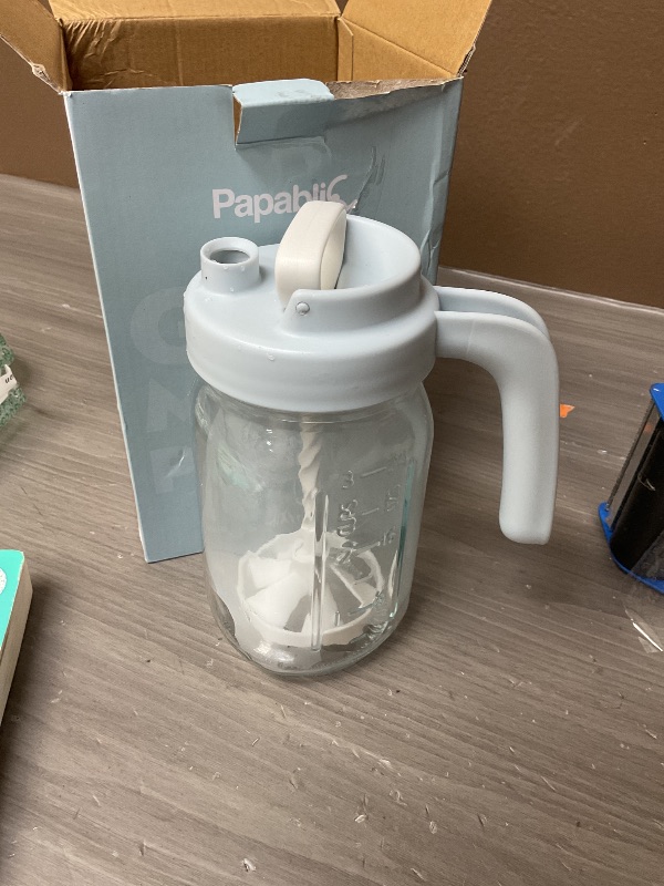 Photo 1 of Papablic Glass Breastmilk Pitcher, Formula Mixing Pitcher with Mixing Handle Lid, Wide Mouth Mason Jar Mixer with Flip Locking Spout, Easy to Clean, BPA Free, Blue