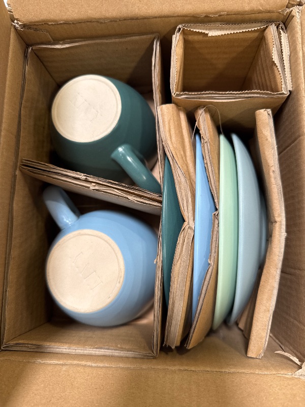 Photo 1 of KIVY Cappuccino cups set of 4 [8oz] - Thick-walled stoneware cappuccino cup set for latte art - Cappuccino coffee cups - Tazas de cafe - Latte cups - Latte art cup and saucer set of 4 - Green, Blue