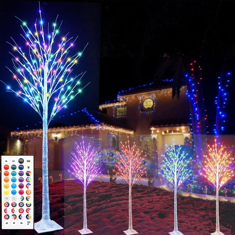 Photo 1 of 7Ft Birch Tree with LED Lights 35 Colors Changing Lighted Birch Tree Outdoor, Remote Control White Trees with Colorful Pink Green Pink Lights for Indoor Outside Home Wedding Halloween Christmas Decor

