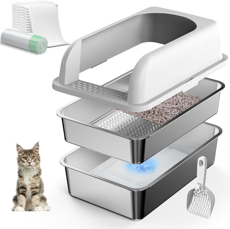 Photo 1 of 19.6''x13.7''x12'' Stainless Steel Litter Box with Lid, Sifting Cat Litter Box for Pine Pellets, High Sides Metal Litter Pan for High Peeing Cats, Anti-Leakage, Easy Cleaning, Less Tracking