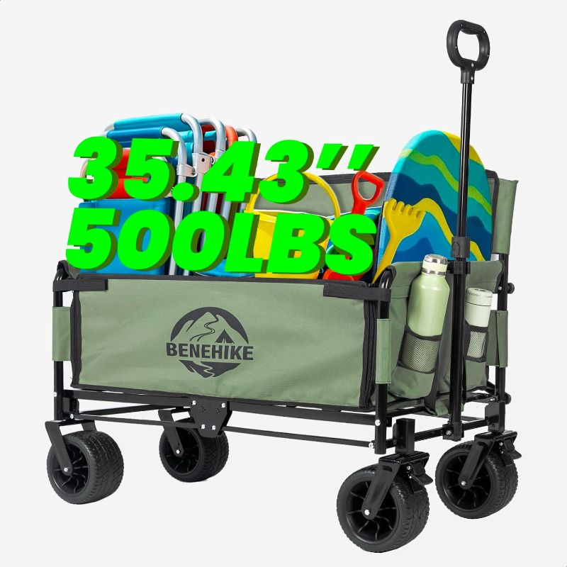 Photo 1 of 3-in-1 Large Collapsible Folding Wagon, BENEHIKE Foldable Beach Wagon with Rotated Wheels, 500lbs/225L Outdoor Utility Wagon Convert to Bench for Sand, Groceries, Camping, Sports, Shopping (Green)
