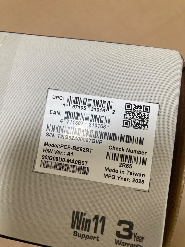 Photo 1 of ASUS PCE-BE92BT WiFi 7 PCI-E Adapter with 2 External Antennas. Supporting 6GHz Band, 320MHz, Bluetooth 5.4, WPA3 Network Security, OFDMA and MU-MIMO, only Compatible with Intel motherboards