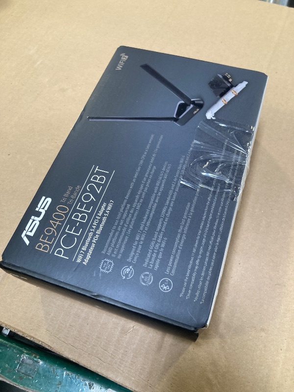 Photo 1 of ASUS PCE-BE92BT WiFi 7 PCI-E Adapter with 2 External Antennas. Supporting 6GHz Band, 320MHz, Bluetooth 5.4, WPA3 Network Security, OFDMA and MU-MIMO, only Compatible with Intel motherboards