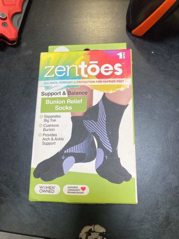 Photo 1 of ZenToes Padded Bunion Relief Socks for Women and Men with Big Toe Separator, Built-In Bunion Protector Cushion, Arch Compression, Moisture Wicking Cotton Blend - 1 Pair (Blue and Black, Large)