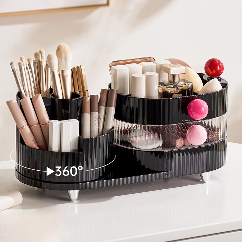 Photo 1 of akeup Organizer Countertop 360°Rotating Makeup Organizer for Vanity - Cosmetic Storage Holder with Makeup Brush Holder and Jewelry Storage (3 Tiers, Black)