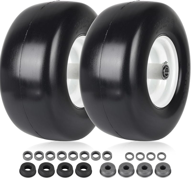Photo 1 of AR-PRO (2-Pack) 13x6.50-6 Flat Free Tire and Wheel - Universal 13x6.5-6 Solid Rubbe Riding Lawn Mower Tire with Rim - With 5.5"-7.8” Centered Hub and 3/4" Bearings extra 5/8" 1/2” Bushings
