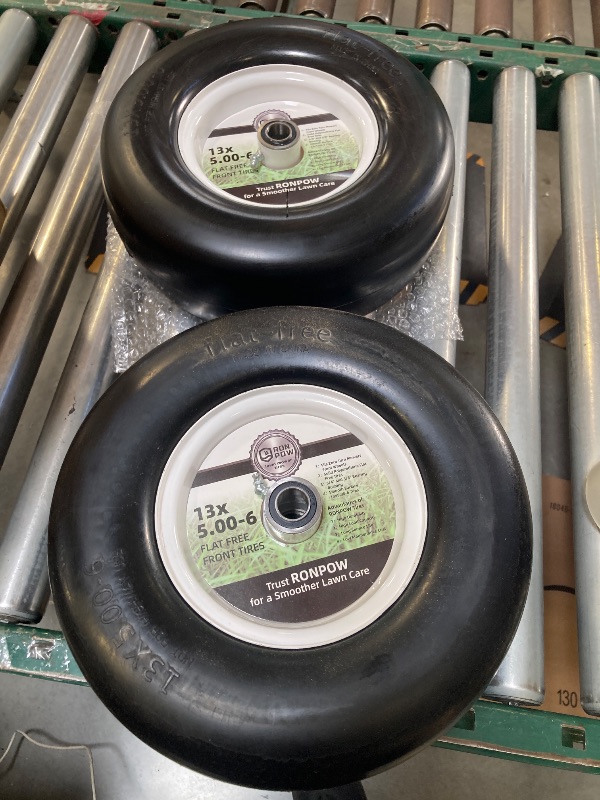Photo 1 of AR-PRO (2-Pack) 13x6.50-6 Flat Free Tire and Wheel - Universal 13x6.5-6 Solid Rubbe Riding Lawn Mower Tire with Rim - With 5.5"-7.8” Centered Hub and 3/4" Bearings extra 5/8" 1/2” Bushings