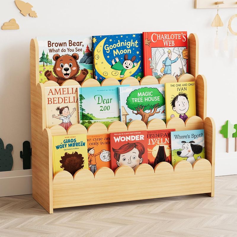 Photo 1 of Kids Bookshelf Wooden 3-Tier, Scalloped Book Shelf for Kids Rooms, Front Facing Toddler Montessori Bookshelf, Baby Nursery Book Shelves Kids Classroom Bookshelf Bookcase