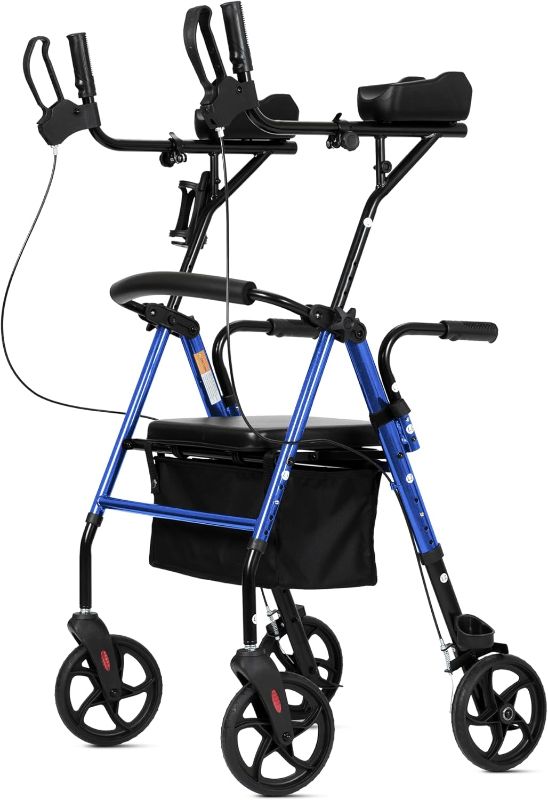 Photo 1 of Upright Walker, Stand Up Rollator Walker with Padded Seat and Backrest, Lightweight, Compact Folding, Fully Adjustment Frame for Seniors, Blue