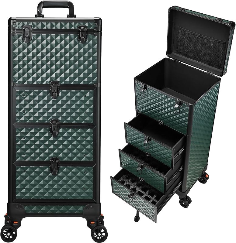 Photo 1 of Nail Trolley Cart with 3 Drawers, Salon Station Cosmetology Case on Wheels Rolling Makeup Train Case Nail Case Organizer Beauty Salon Travel Case for Nailart,SPA,Hairstylist,Artist,Dark Green