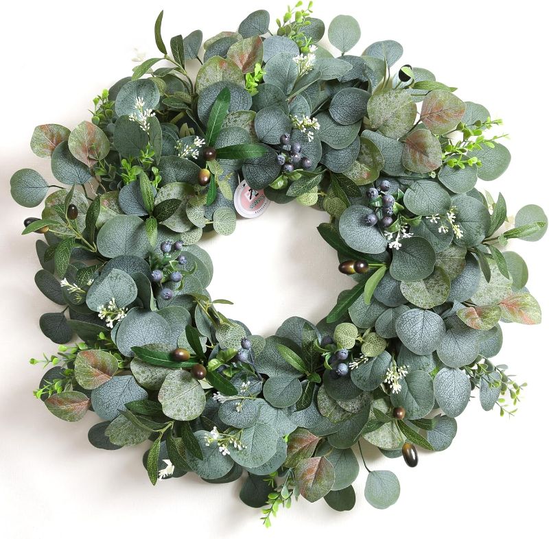Photo 1 of 24 Inch Eucalyptus Wreath for Front Door – Green Spring Summer Wreath with Olive Leaves & Berries – Handmade Year-Round Door Decor by EZsenses