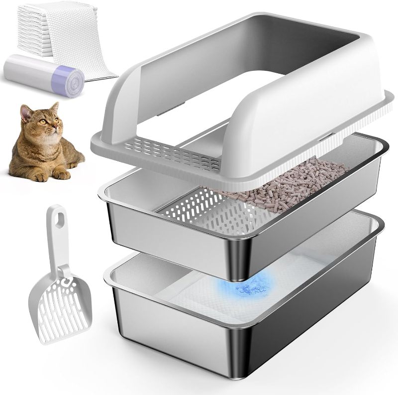 Photo 1 of 23.6''x16''x12'' Enclosed Stainless Steel Litter Box with Lid, XL Sifting Litter Box for Pine Pellets, High Sides Metal Litter Box System for Big Cats, Anti-Leakage, Easy Cleaning, Less Tracking