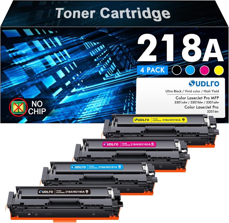 Photo 1 of 218A Toner Cartridges 4 Pack - MFP 3301fdw 218A Toner Replacement for HP 218A HP 218X Work for Color Laser Pro 3301fdw 3301cdw 3201dw 3301sdw Printer Ink W2180A , No CHIP, Black Cyan Yellow Magenta