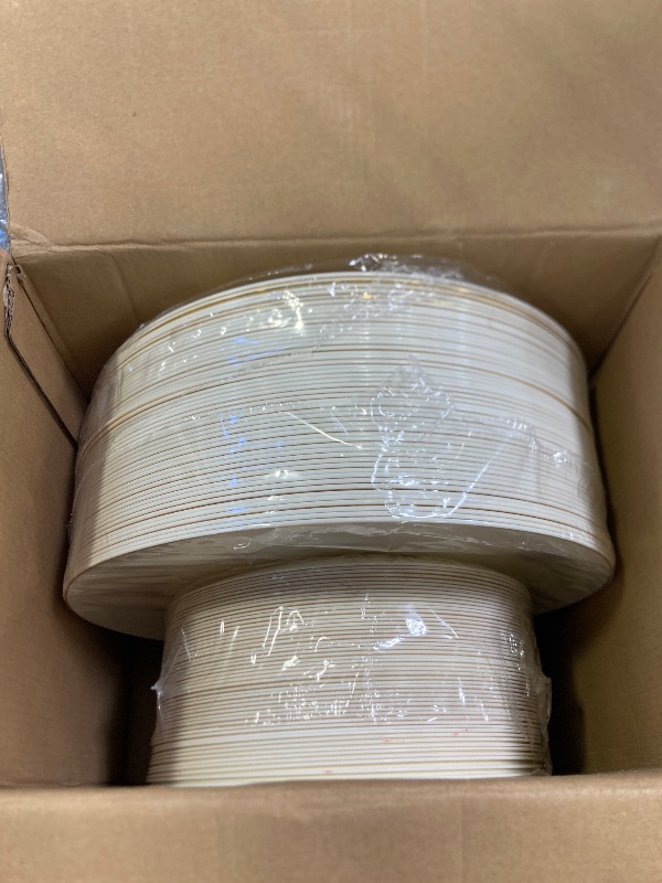 Photo 1 of PULOTE 100PCS Ivory Plastic Plates - Cream Plastic Disposable Heavy Duty for Party - Include 50 Each (Dinner & Dessert) Plates