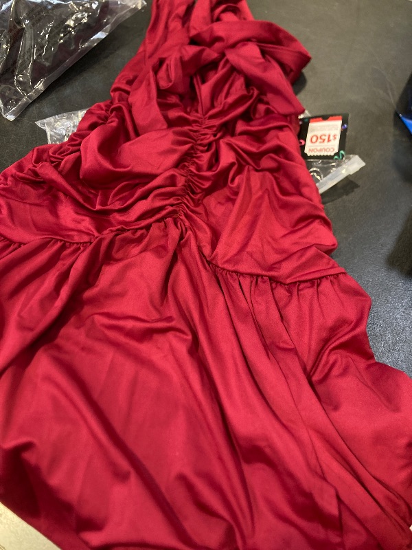 Photo 1 of MEDIUM-Ekaliy Women's Sexy Halter Deep V Neck Maxi Dress Sleeveless Backless High Slit Ruched Long Dress Party Cocktail Dresses Wine Red