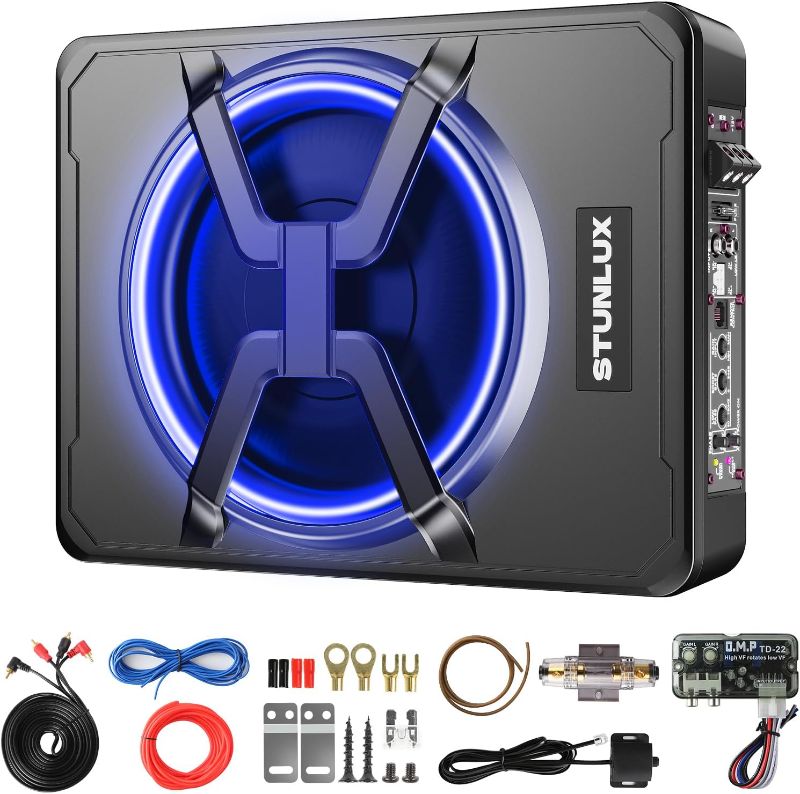 Photo 1 of DR DOUBLE ROCK CB08 8 inch Slim Under Seat Car Subwoofer Car Audio Powered 600 Watts Car Truck Audio Sub Built in Amplifier Active Slim Subwoofer New Upgraded with Black Aluminum and Green LED