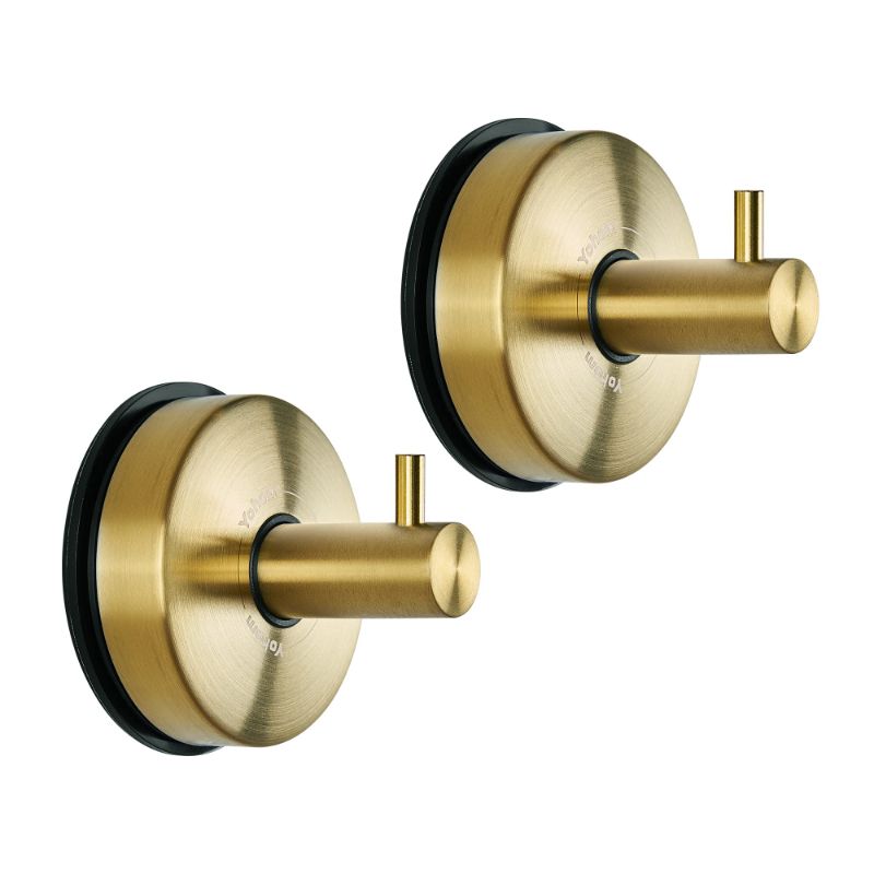Photo 1 of YOHOM Suction Cup Hooks for Shower Towel Holder Stainless Steel Vacuum Bathroom Shower Hook Suction Washcloth Hanger Kitchen Towel Rack for Robe Loofah Wreath Glass Door Window Wall Brushed Gold 2Pcs	