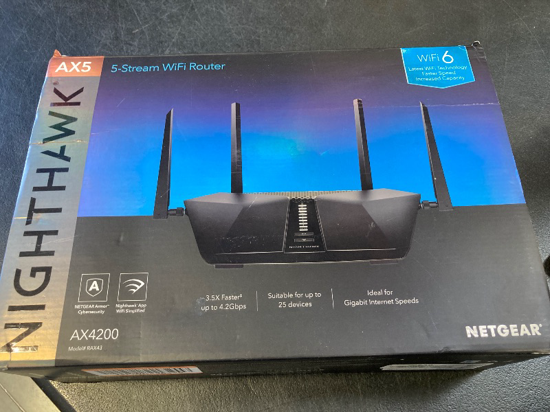 Photo 1 of NETGEAR Nighthawk WiFi 6 Router (RAX43) - Security Features, 5-Stream Dual-Band Gigabit Router, AX4200 Wireless Speed (Up to 4.2 Gbps), Covers up to 2,500 sq.ft. and 25 Devices
