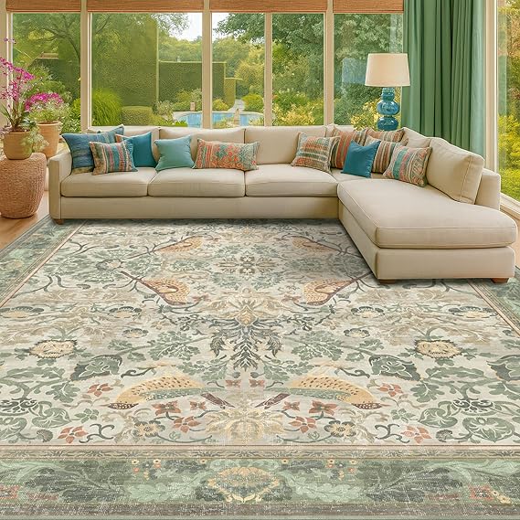 Photo 1 of Lahome Washable Floral Green Comfort Rug 