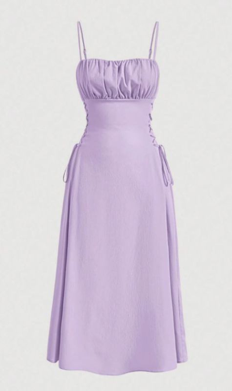 Photo 1 of SHEIN MOD Solid Ruched Bust Lace Up Side Cami Dress, Pastel Dresses For Women, Lilac Dress - L