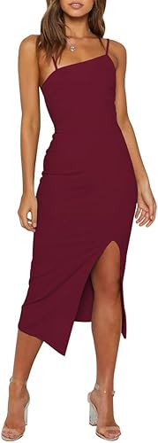 Photo 1 of OWIN Women's Adjustable Spaghetti Straps Sleeveless High Waist Split Midi Bodycon Cocktail Party Dress - M