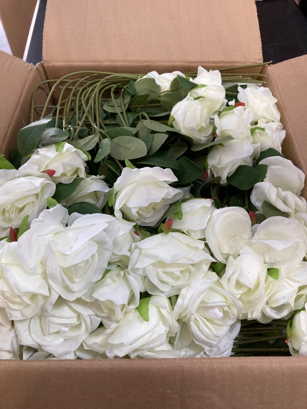 Photo 1 of Tigeen 150 Pcs Artificial Rose Flowers Bulk, Fake Silk Roses Realistic Long Stem Flower Bouquets for Wedding Centerpieces Flower Arrangement Valentine's Day Home Party Décor (White)