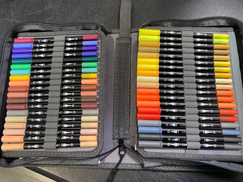 Photo 1 of 120 Colors Duo Tip Brush Markers Art Pen Set, LANRENWENG Fine Brush Tip Colored Pens Set with Canvas Bag, Markers for Adult Coloring Books Drawing Sketching Note taking Lettering Calligraphy