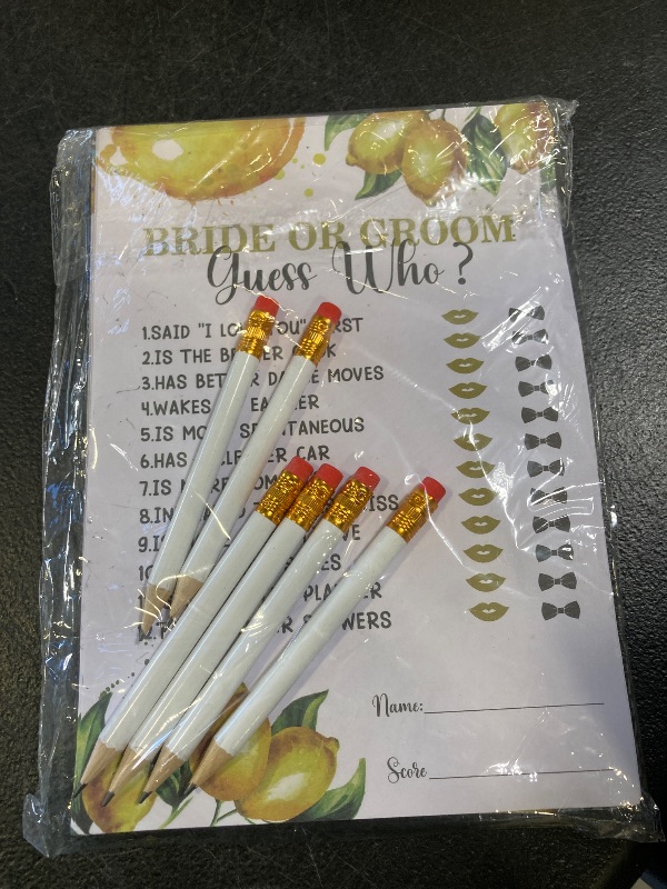 Photo 1 of Leinuosen 220 Pcs Lemon Bridal Shower Games Set Wedding Shower Game Supplies Include Bridal Games Cards and Pencils for Bachelorette Engagement Party Decorations Favors
