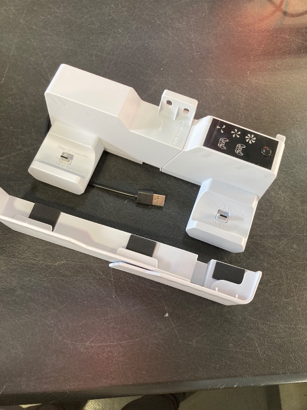 Photo 1 of PS5/Slim/Pro Horizontal Stand with Cooling Fan & Charger for Original & Edge Controllers, Scalable Design PS5 Accessories Base with EVA Foams for All PS 5 Disc & Digital, PS 5 Sideways Stand White
