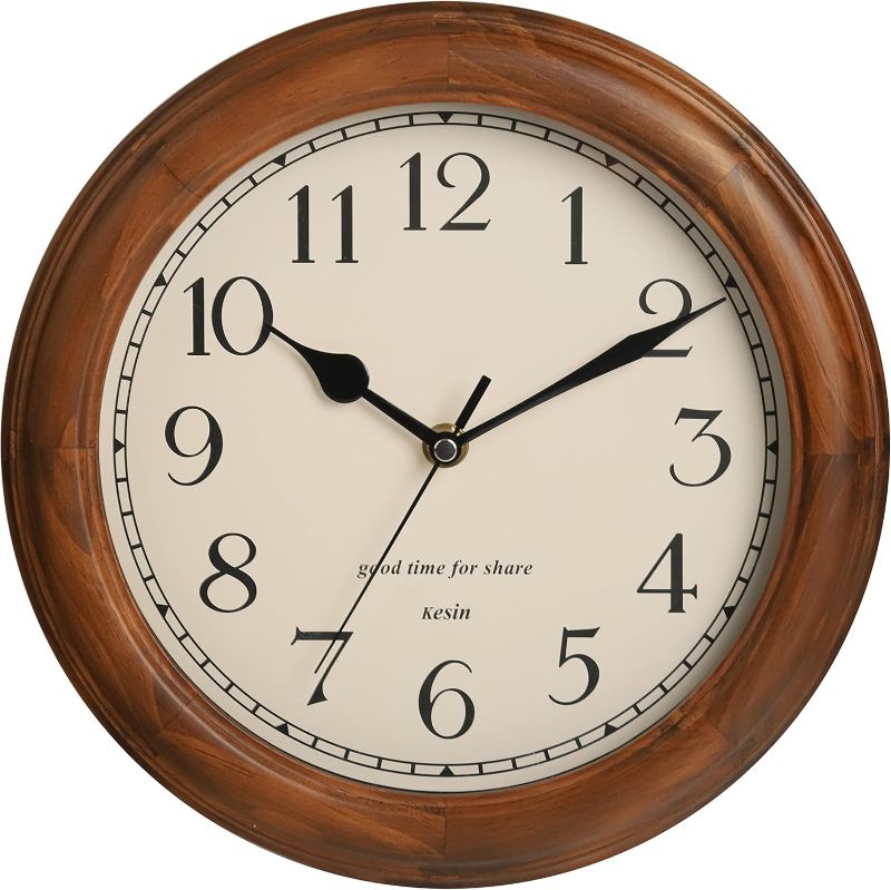 Photo 1 of Wooden Wall Clock with Retro Design, 11 Inches Round Wall Clocks Battery Operated Silent Non-Ticking, Big Arabic Numerals, for Kitchen Living Room Classroom Gym and Pool, Brown