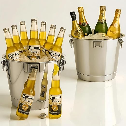 Photo 1 of Silver 6L/6.34 Quart Ice Bucket 2Pack with Beer Opener for Party, Mimosa Bar Supplies. Stainless-Steel Beverage Tubs for Champagne Wine Cocktails, Metal Drink Cooler Holder Double Handles
