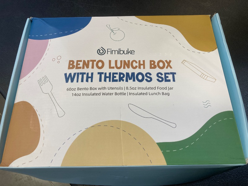 Photo 1 of Fimibuke Bento Box for Kids Adult - Leakproof 3-4 Compartments Lunch Bento Box Set with Insulated Thermos Food Jar, Water Bottle, Lunch Bag, Sauce Cup & Cutlery for Toddler Teen Shcool Girl Boy Age 3+
