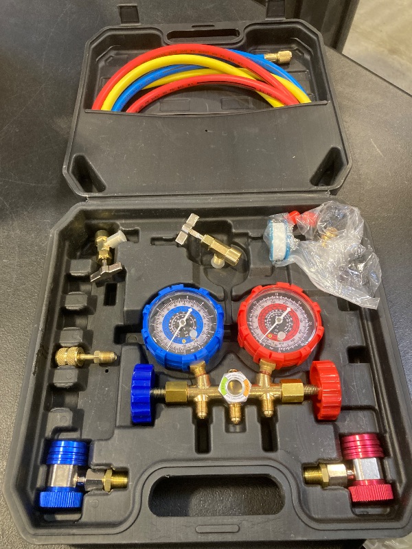 Photo 1 of AC Gauge Set - 3 Way AC Manifold Gauge Set for R134A R22 R12 R502 Refrigerant, Freon Gauges with 5ft Hoses, Couplers, Can Tap Works on Car Auto Freon Charging and Evacuation
