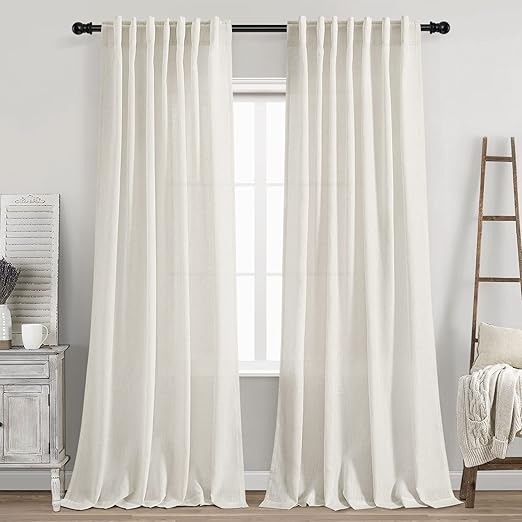 Photo 1 of Cream Linen Back Tab Curtains 84 Inch Length for Living Room 2 Panel Set Neutral Modern Farmhouse Window Privacy Semi Sheer Linen Drapes Rustic Pinch Pleated Look Curtain Natural Ivory Colored

