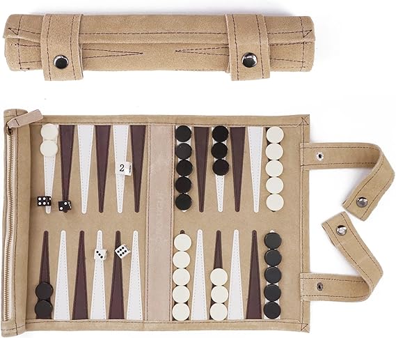 Photo 1 of Sondergut Roll-up Portable Suede Backgammon Game Set - for Adults & Children - Ideal for RV Travel, Cruise, Airplane, Camping, Backpacking, Road Trips, Etc. Multiple Colors (Cream)

