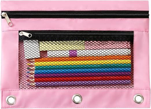 Photo 1 of 3 Ring Binder Pencil Pouch - School Pencil Case with 2 Zippered Pockets, Clear Mesh Window Pencil Bag, B5 Size, Back to School Gifts (Pink)

