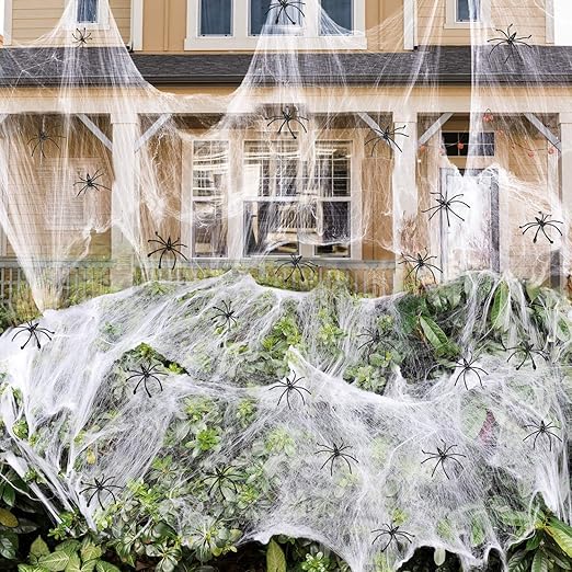 Photo 1 of 1400 sqft Halloween Spider Webs Decorations with 150 Extra Fake Spiders, Super Stretchy Cobwebs for Halloween Decor Indoor and Outdoor
