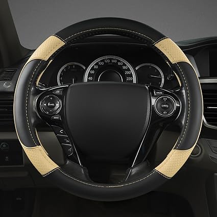 Photo 1 of GIANT PANDA Microfiber Leather Steering Wheel Cover for Honda Accord, Civic, CR-V, HR-V, Pilot (Diamond-Pattern-Black+Beige-Standard Size)
