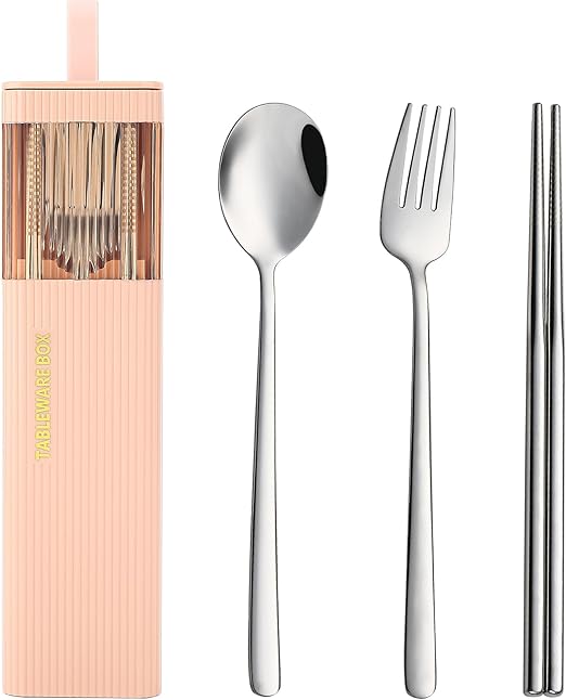 Photo 1 of DEVICO Travel Utensils with Case, 18/8 Stainless Steel Reusable Silverware Set for Lunch Box, Portable Cutlery Set, Fork and Spoon Set for Camping, Lunch, Picnic, Workplace, School (Pink)
