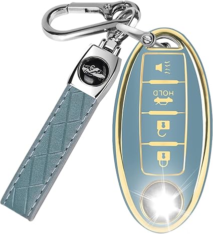 Photo 1 of 4 Button Key Fob Cover for Altima Armada Maxima Murano Pathfinder Rogue Infiniti, Soft TPU Key Case Shell with Leather Keychain Full Key Protector, Blue
