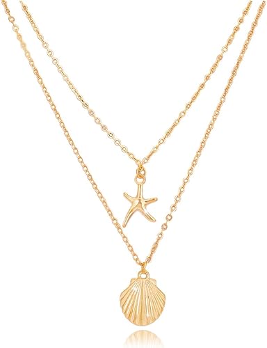Photo 1 of Tgirls Boho Layered Starfish Necklace Seashell Pendant Necklaces Chain for Women
