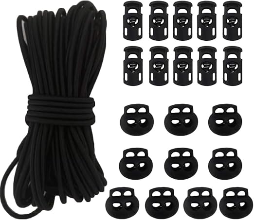Photo 1 of 20pcs Plastic Cord Locks with 1/8-Inch 50ft Elastic Cord Heavy Stretch Round String, 10Pcs Sing-Hole, 10pcs Double-Hole Spring Toggle Stopper Slider Black (3mm-Black)
