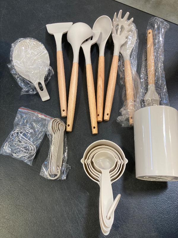 Photo 1 of Umite Chef Kitchen Cooking Utensils Set, 33 pcs Non-Stick Silicone Cooking Kitchen Utensils Spatula Set with Holder, Wooden Handle Silicone Kitchen Gadgets Utensil Set (Khaki)
