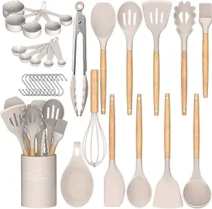 Photo 1 of Umite Chef Kitchen Cooking Utensils Set, 33 pcs Non-Stick Silicone Cooking Kitchen Utensils Spatula Set with Holder, Wooden Handle Silicone Kitchen Gadgets Utensil Set (Khaki)
