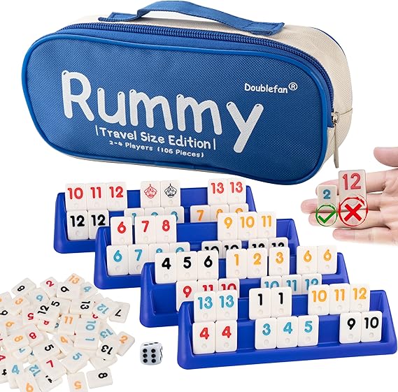 Photo 1 of Doublefan Mini Rummy Cube Set, Mini Size Rummy Game with Portable Bag, Small Travel Game for Adult and Kids,106 Tiles, 4 Playing Rack, 1 Dice (2-4 Players)
